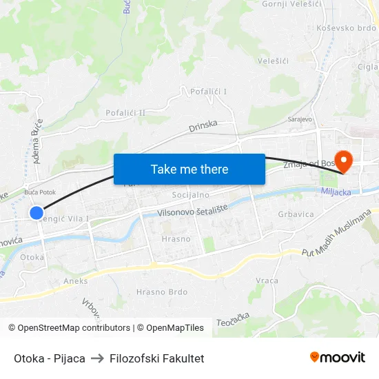 Otoka - Pijaca to Filozofski Fakultet map