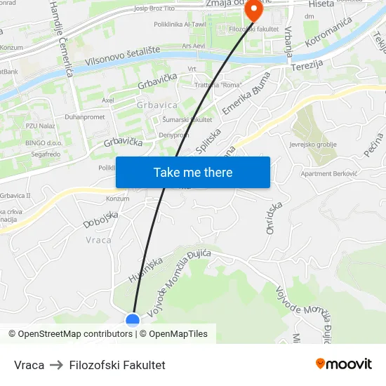 Vraca to Filozofski Fakultet map