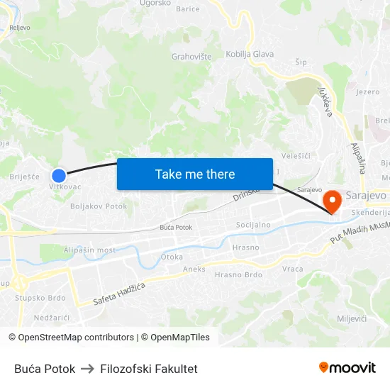 Buća Potok to Filozofski Fakultet map
