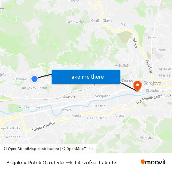Boljakov Potok Okretište to Filozofski Fakultet map