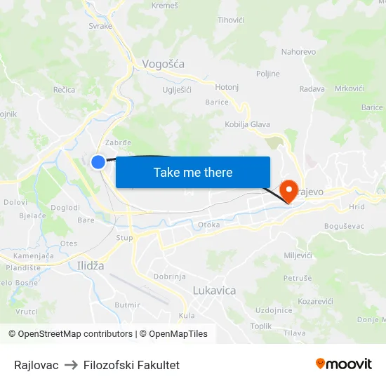 Rajlovac to Filozofski Fakultet map
