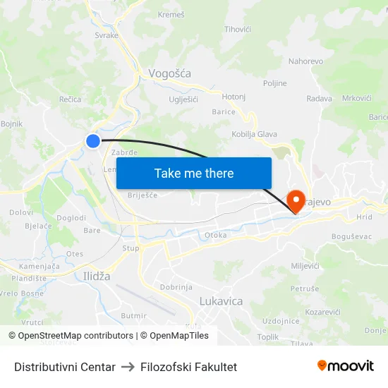 Distributivni Centar to Filozofski Fakultet map