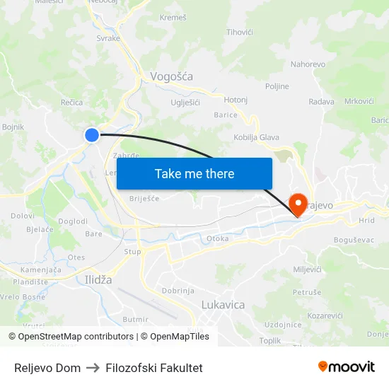Reljevo Dom to Filozofski Fakultet map