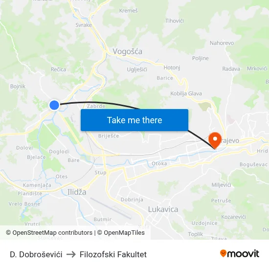 D. Dobroševići to Filozofski Fakultet map