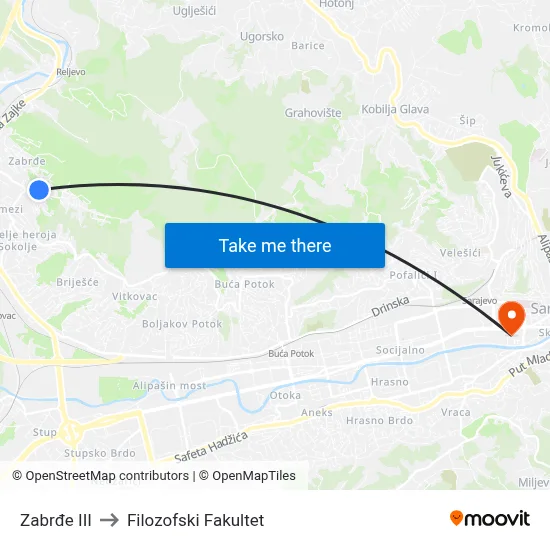 Zabrđe III to Filozofski Fakultet map
