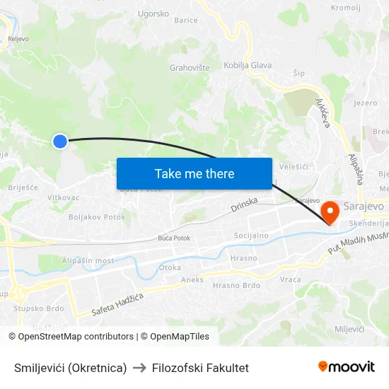 Smiljevići (Okretnica) to Filozofski Fakultet map