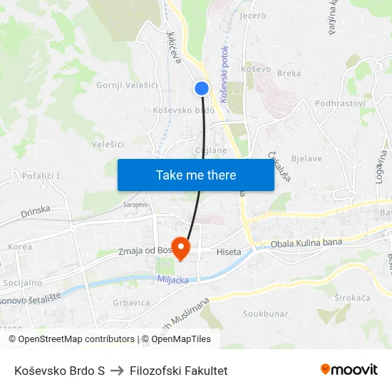 Koševsko Brdo S to Filozofski Fakultet map