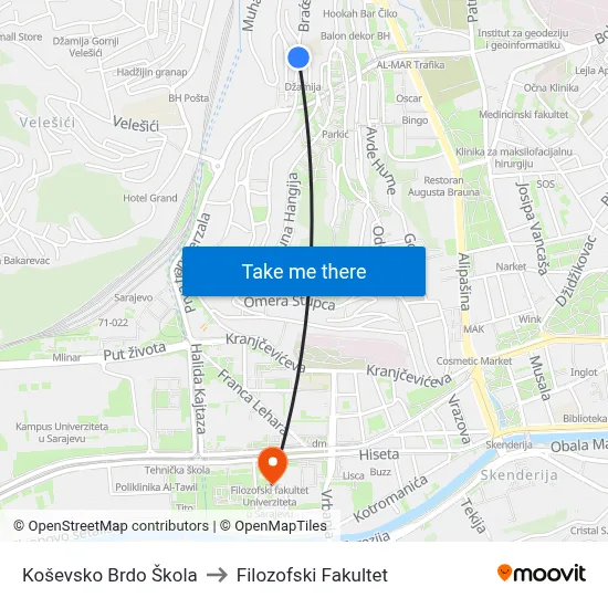 Koševsko Brdo Škola to Filozofski Fakultet map