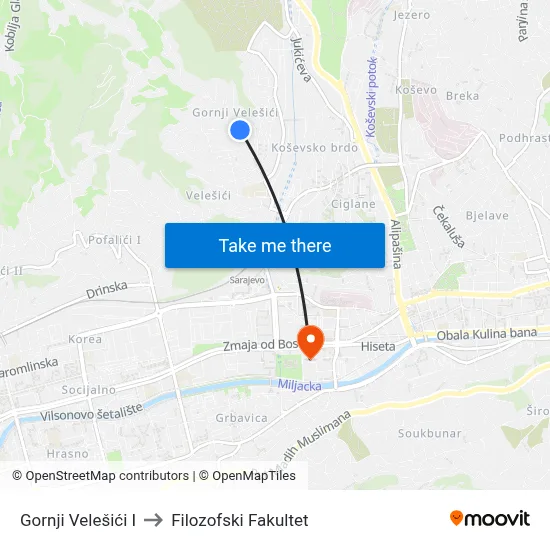 Gornji Velešići I to Filozofski Fakultet map