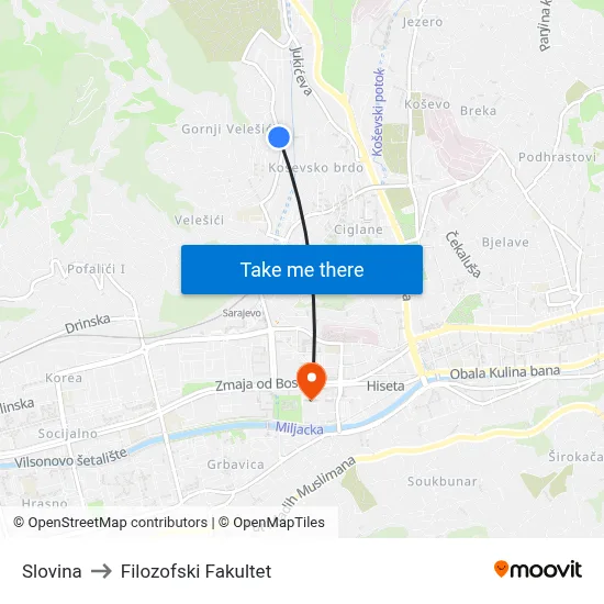 Slovina to Filozofski Fakultet map