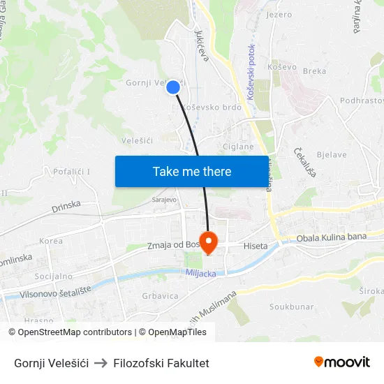 Gornji Velešići to Filozofski Fakultet map