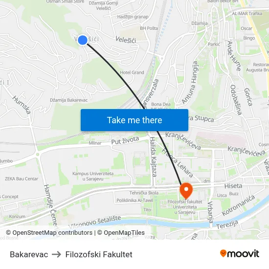 Bakarevac to Filozofski Fakultet map