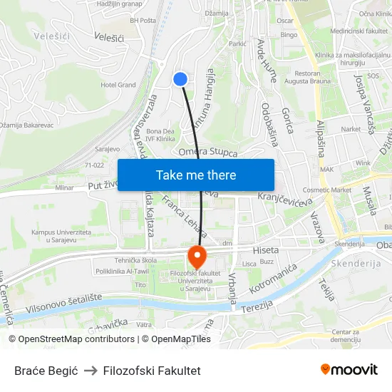 Braće Begić to Filozofski Fakultet map