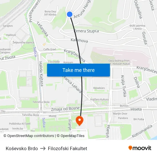 Koševsko Brdo to Filozofski Fakultet map