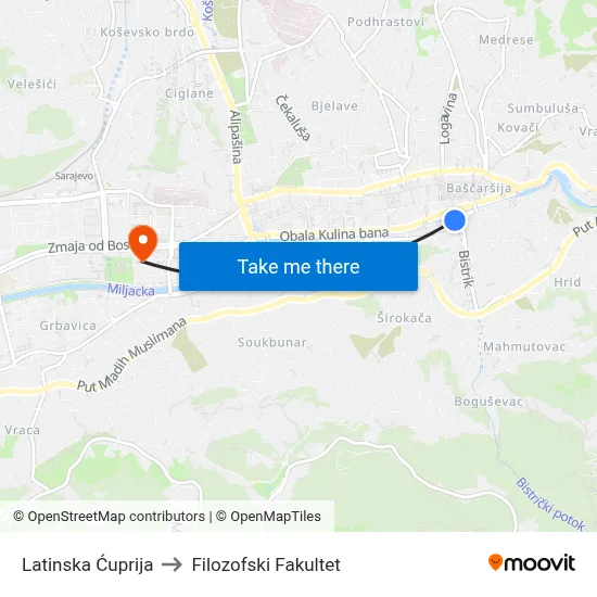 Latinska Ćuprija to Filozofski Fakultet map