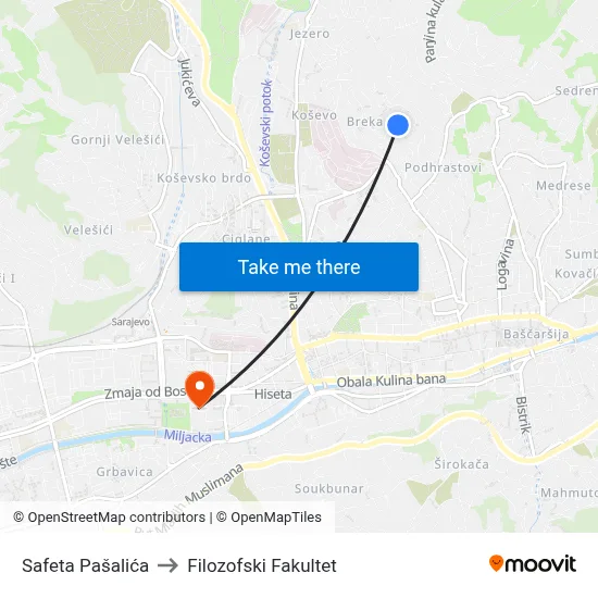 Safeta Pašalića to Filozofski Fakultet map