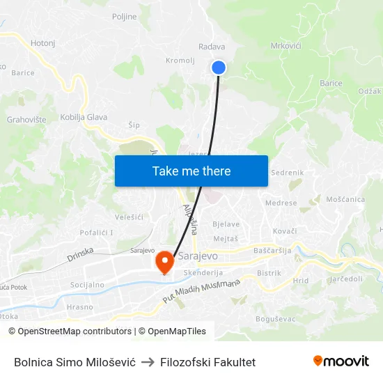 Bolnica Simo Milošević to Filozofski Fakultet map