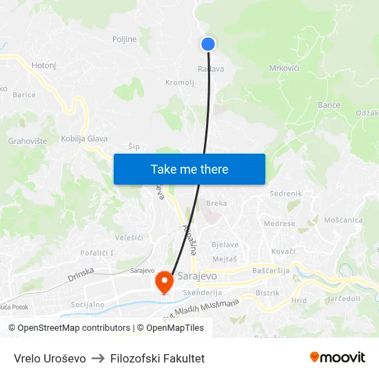 Vrelo Uroševo to Filozofski Fakultet map