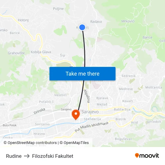 Rudine to Filozofski Fakultet map
