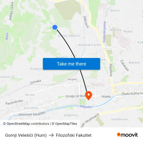 Gornji Velešići (Hum) to Filozofski Fakultet map
