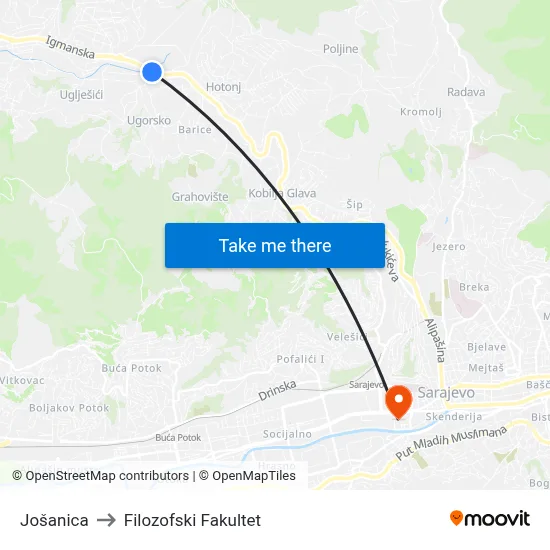 Jošanica to Filozofski Fakultet map