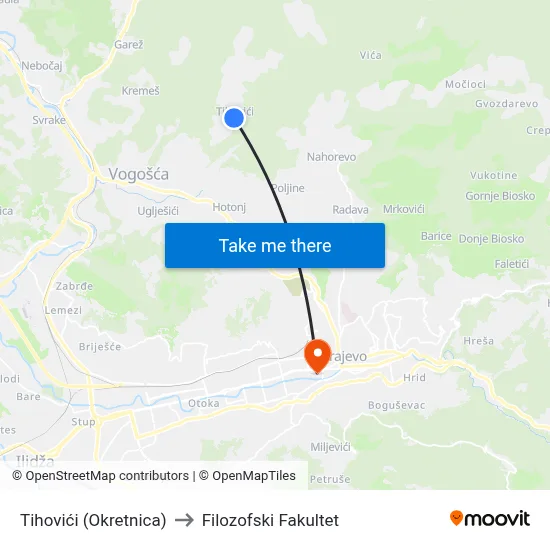 Tihovići (Okretnica) to Filozofski Fakultet map