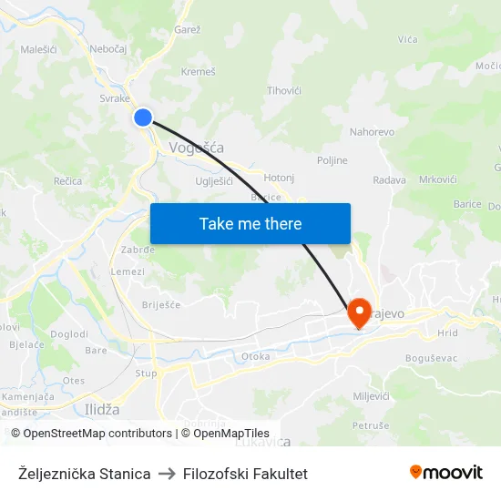 Željeznička Stanica to Filozofski Fakultet map