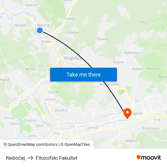 Nebočaj to Filozofski Fakultet map