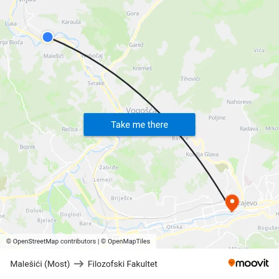 Malešići (Most) to Filozofski Fakultet map