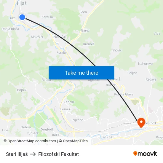 Stari Ilijaš to Filozofski Fakultet map