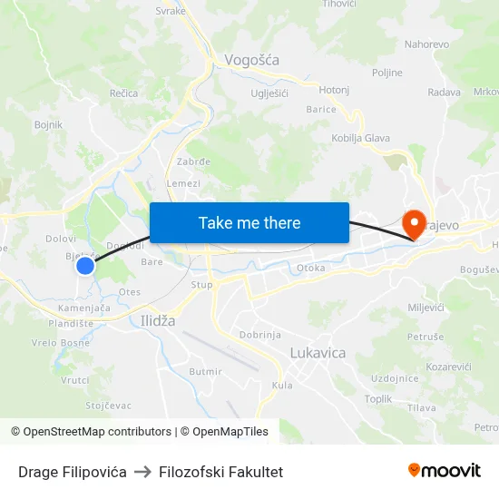 Drage Filipovića to Filozofski Fakultet map