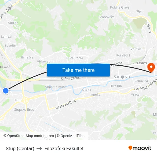 Stup (Centar) to Filozofski Fakultet map