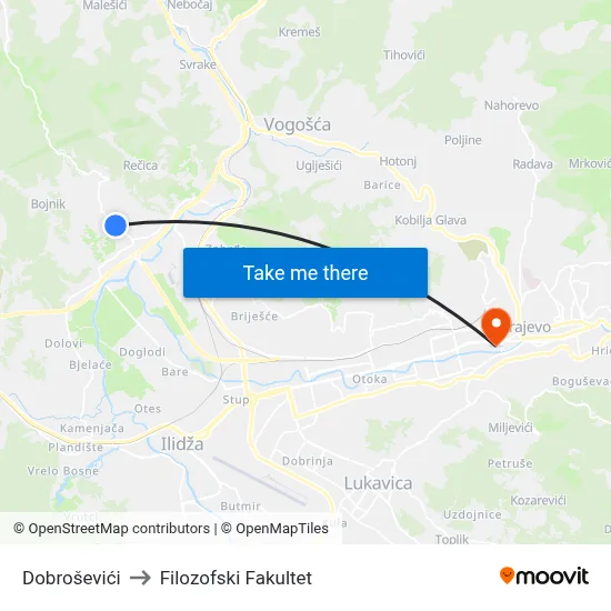Dobroševići to Filozofski Fakultet map