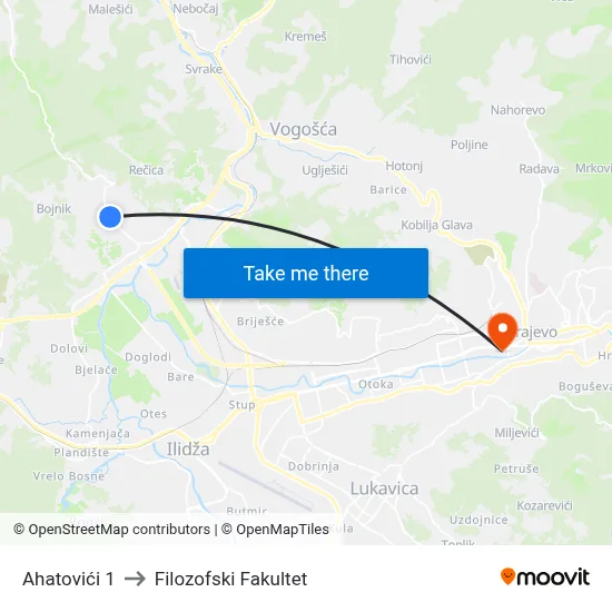 Ahatovići 1 to Filozofski Fakultet map