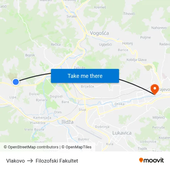 Vlakovo to Filozofski Fakultet map
