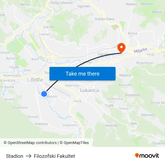 Stadion to Filozofski Fakultet map
