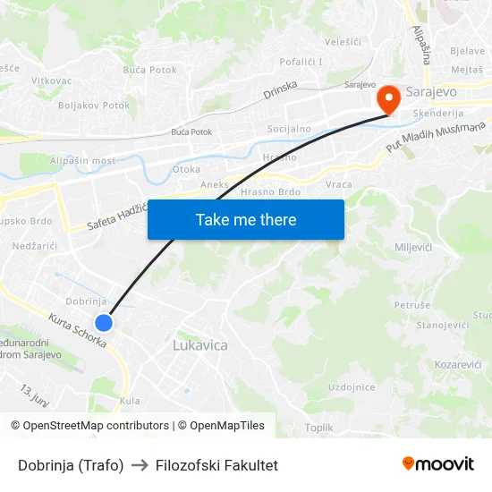 Dobrinja (Trafo) to Filozofski Fakultet map