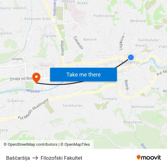 Baščaršija to Filozofski Fakultet map