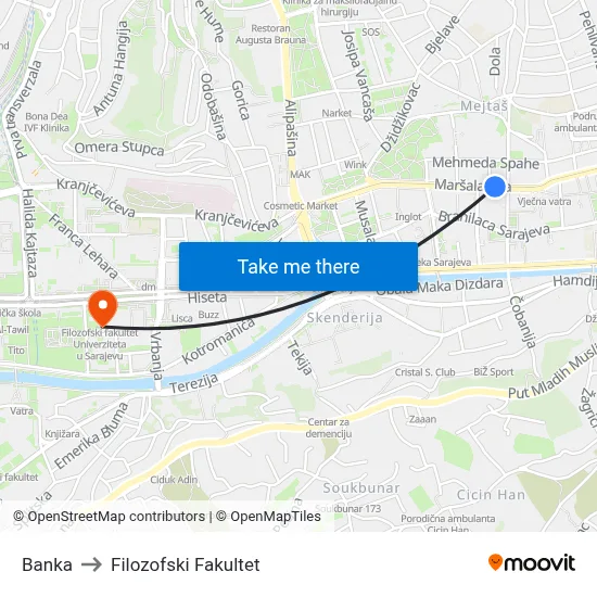 Banka to Filozofski Fakultet map