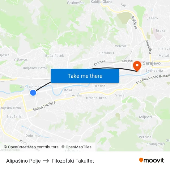 Alipašino Polje to Filozofski Fakultet map