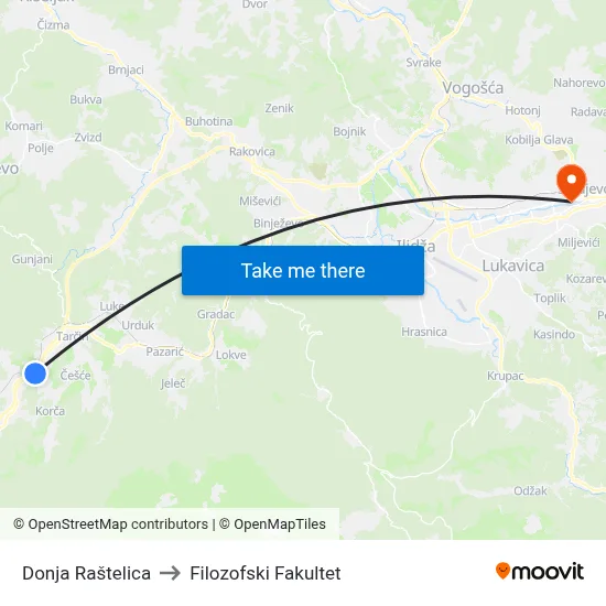 Donja Raštelica to Filozofski Fakultet map