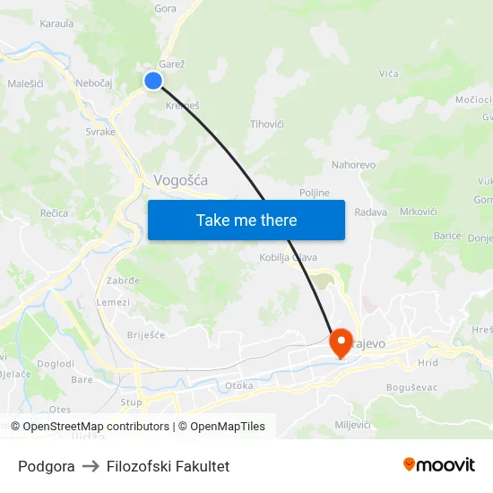 Podgora to Filozofski Fakultet map