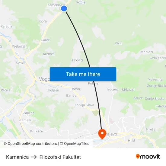 Kamenica to Filozofski Fakultet map