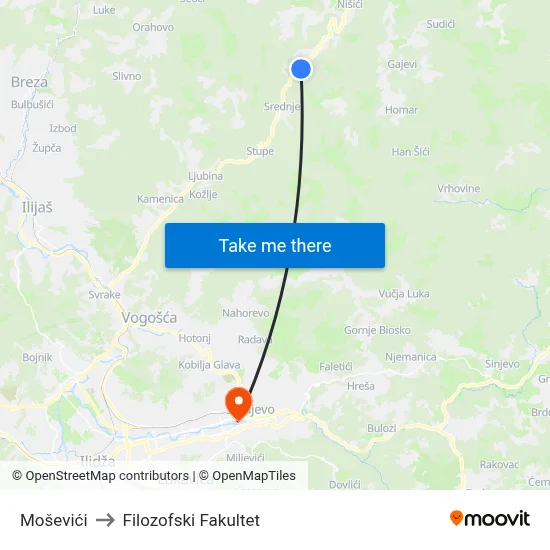 Moševići to Filozofski Fakultet map