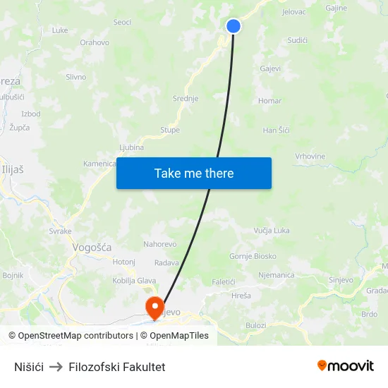 Nišići to Filozofski Fakultet map
