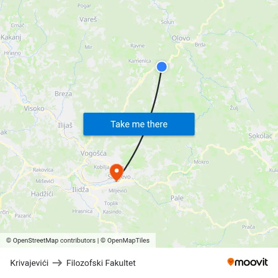 Krivajevići to Filozofski Fakultet map