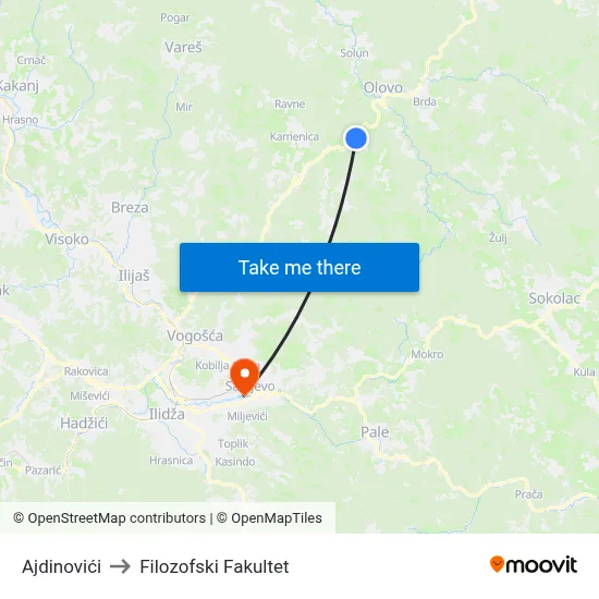 Ajdinovići to Filozofski Fakultet map