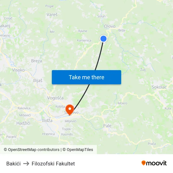 Bakići to Filozofski Fakultet map