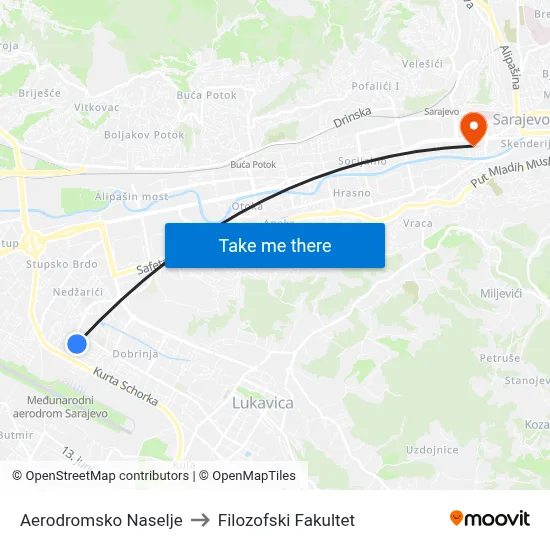 Aerodromsko Naselje to Filozofski Fakultet map