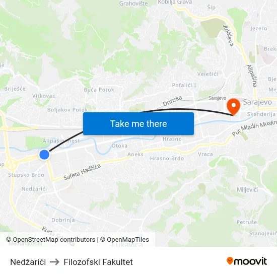 Nedžarići to Filozofski Fakultet map